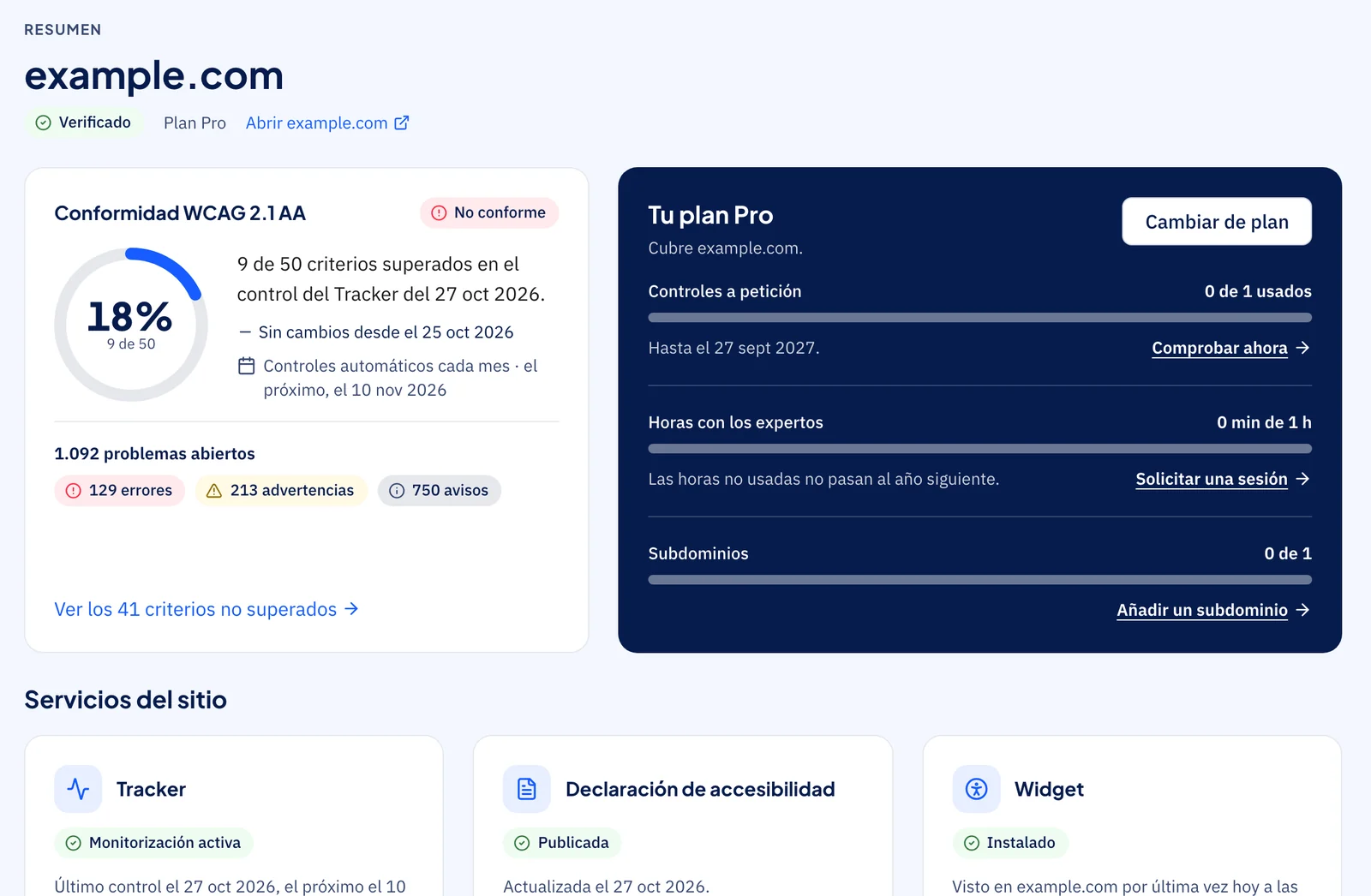 La página de inicio de un dominio en el panel de AccessiBit