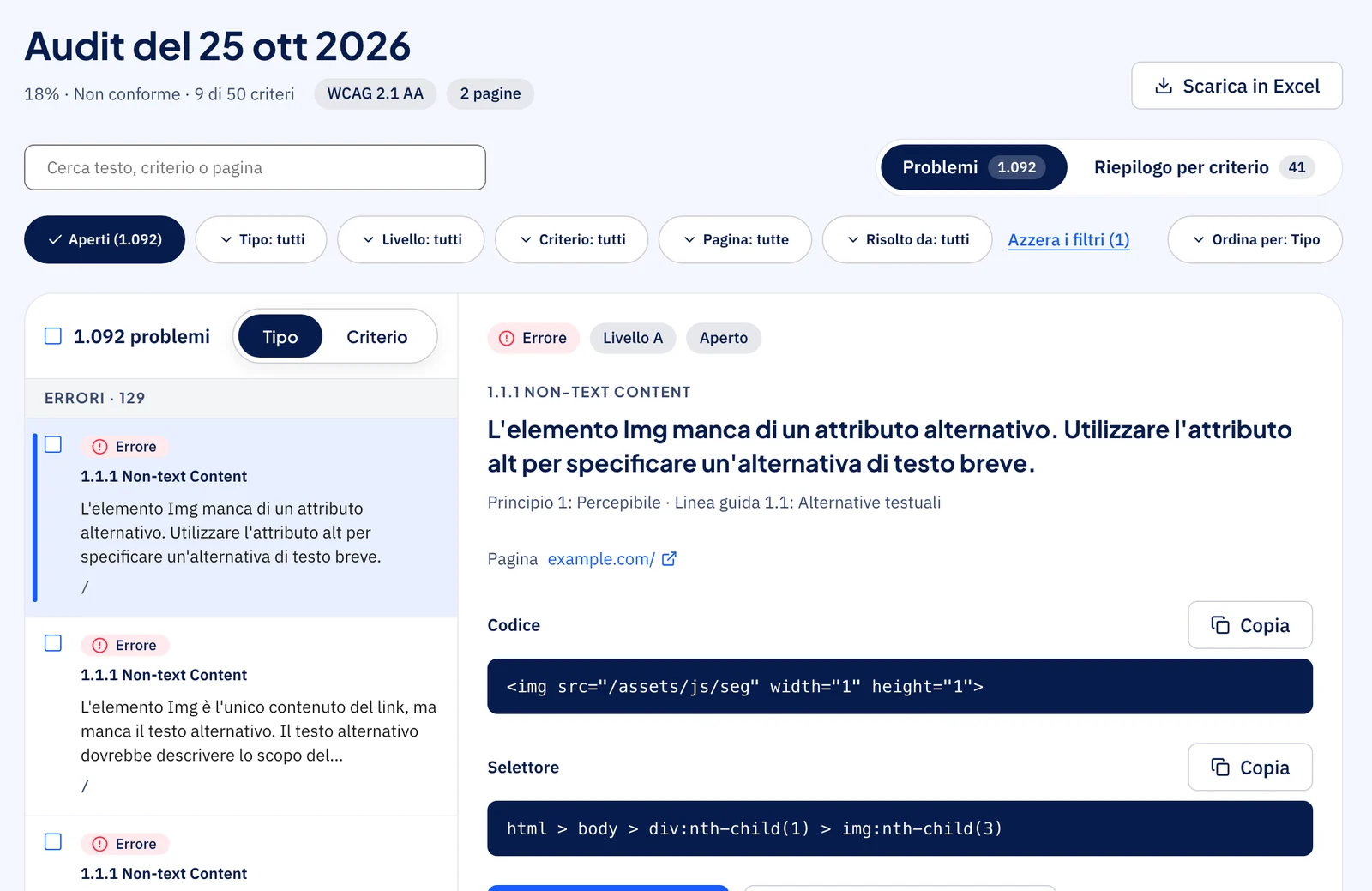 Report di un audit nella dashboard AccessiBit, con il dettaglio di un errore di accessibilità