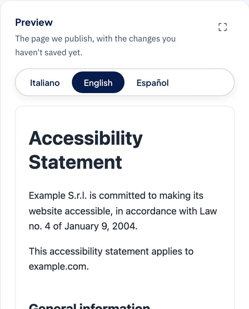 Preview of an accessibility statement generated in the AccessiBit dashboard