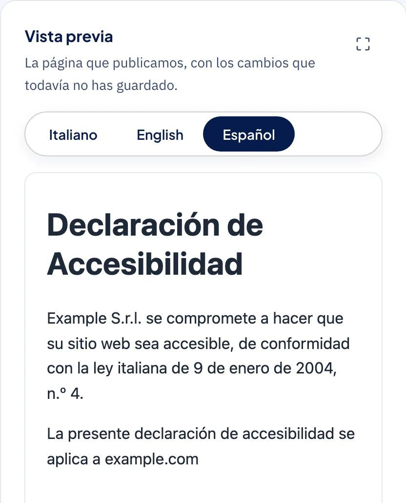Vista previa de una declaración de accesibilidad generada en el panel de AccessiBit