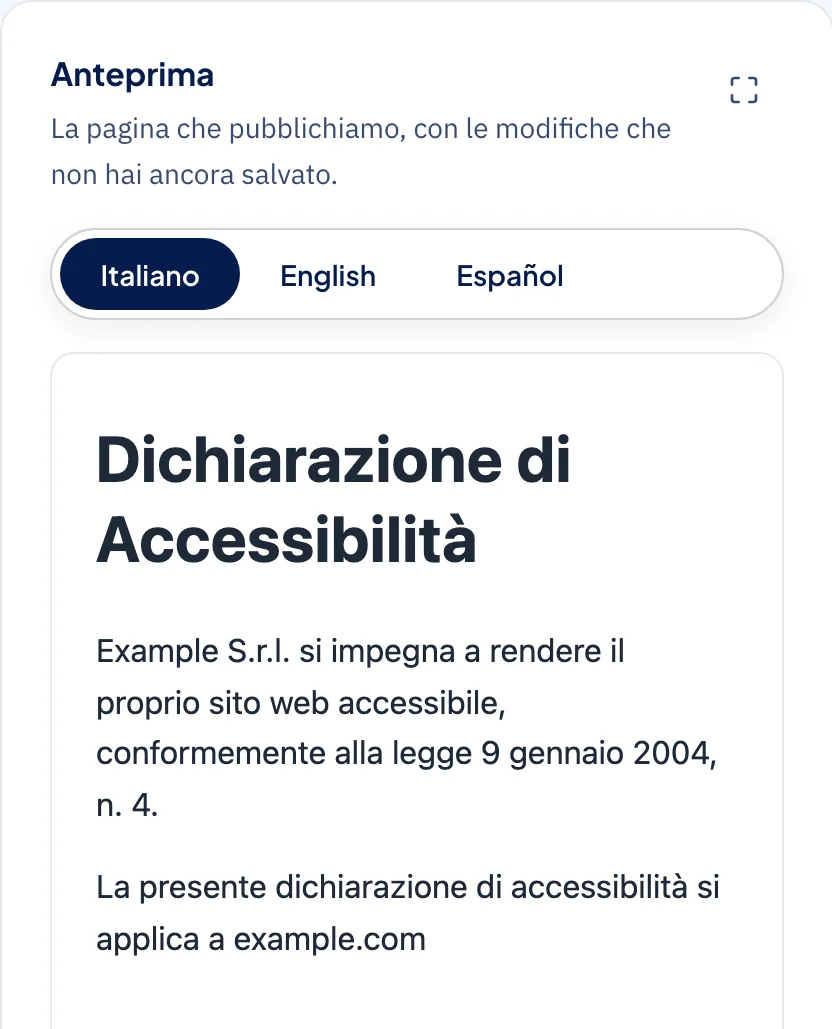 Anteprima della dichiarazione di accessibilità generata nella dashboard AccessiBit