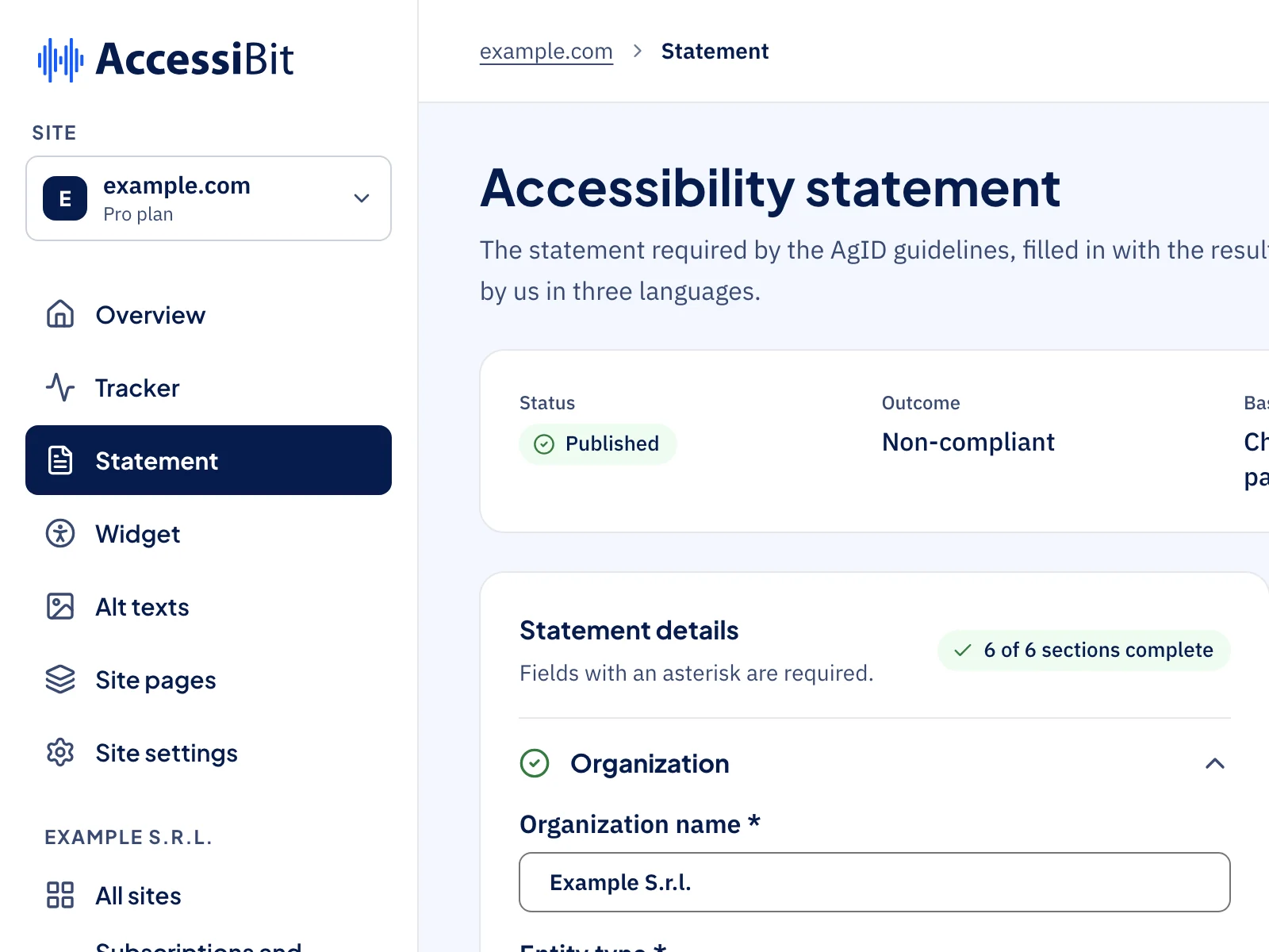 AccessiBit dashboard: the Statement entry selected in the domain's side menu, with the Accessibility Statement form already pre-filled