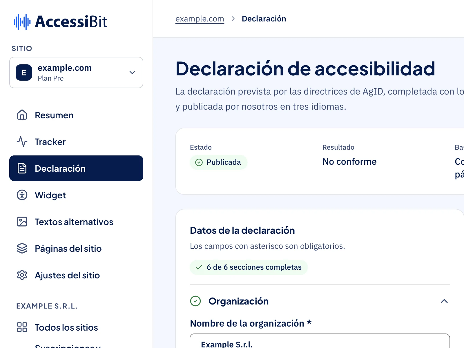 Panel de AccessiBit: la opción Declaración seleccionada en el menú lateral del dominio, con el formulario de la Declaración de Accesibilidad ya rellenado