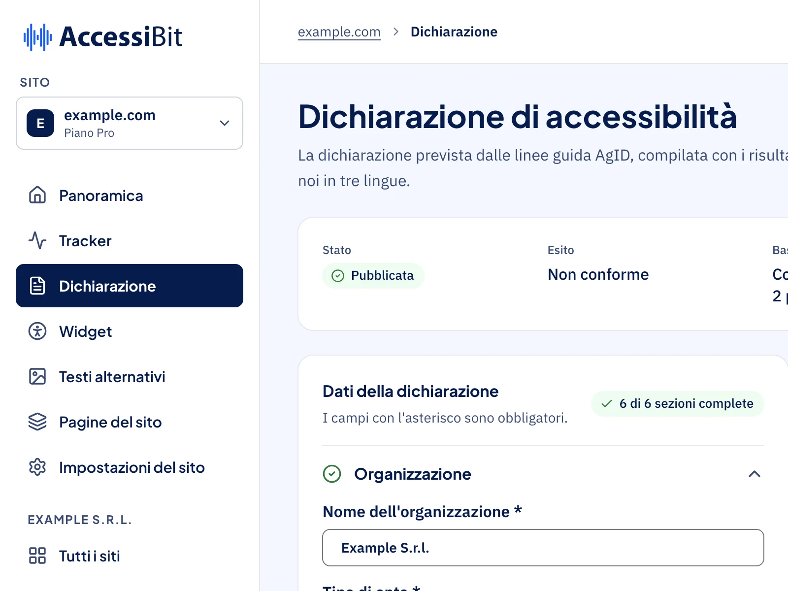 Dashboard AccessiBit: la voce Dichiarazione selezionata nel menu laterale del dominio, con il modulo della Dichiarazione di Accessibilità già precompilato