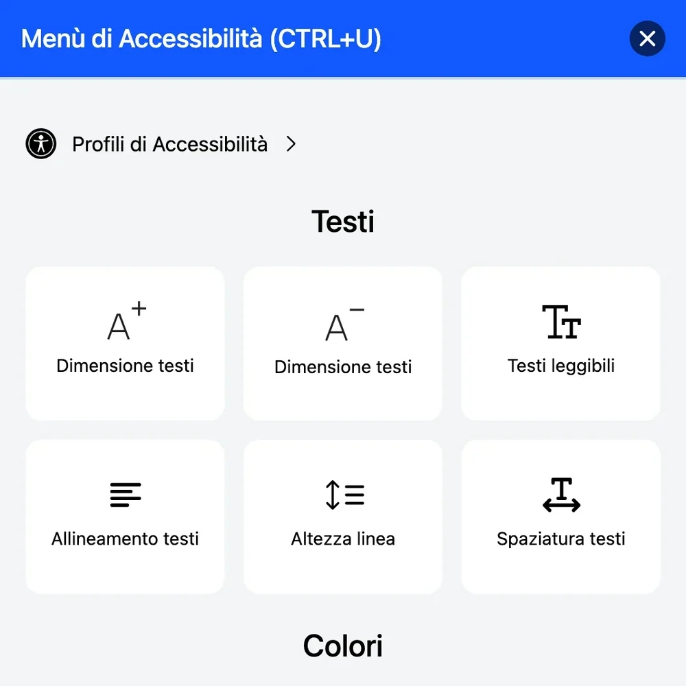 Il menu di accessibilità del widget AccessiBit, con i profili e le regolazioni per testi e colori