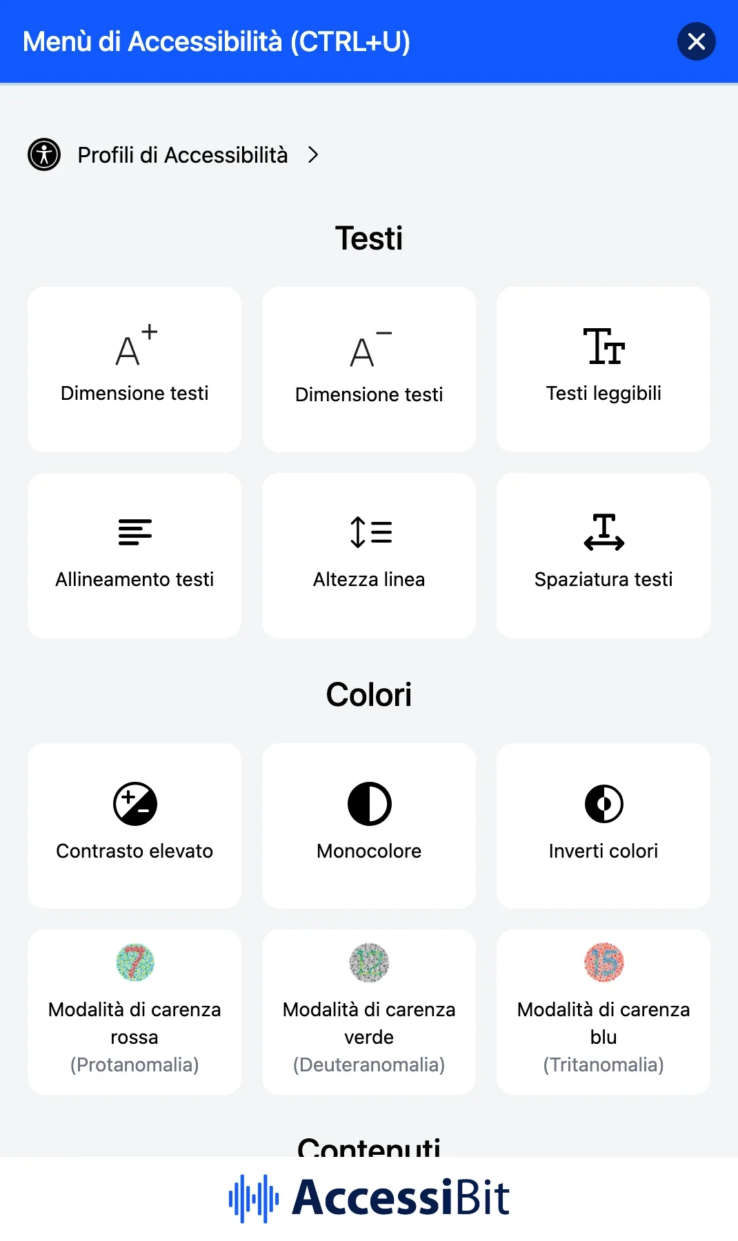 Il menu di accessibilità del widget AccessiBit: i profili di accessibilità e le regolazioni per testi, colori e contenuti